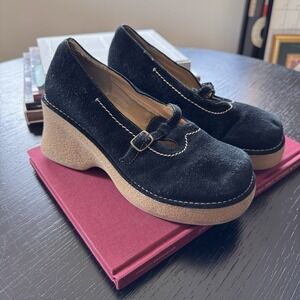 Vtg 90s Y2K ELLEMNNO Black Suede Mary Jane Wedge Platforms Crepe Sole Size 7.5M